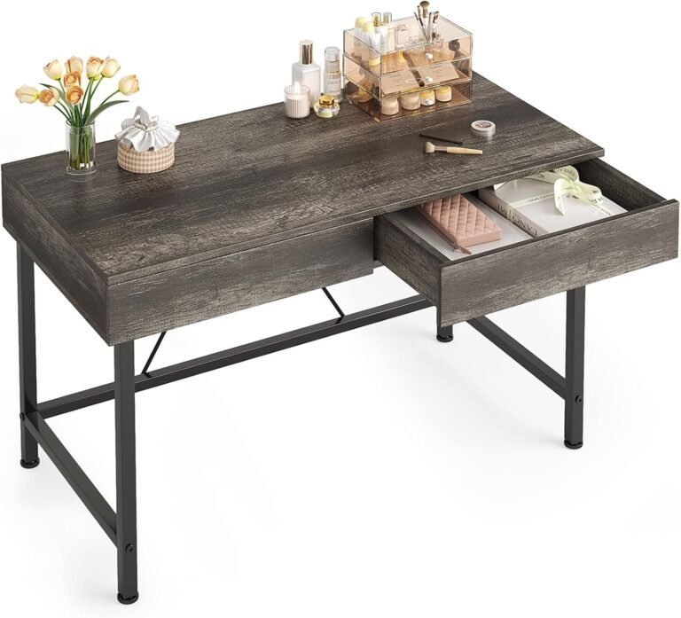 VERMESS 40Inch Small Desk with Wooden Drawers, Kids Desk for Bedroom, Work Desks for Home Office with Storage, Computer Desk for Small Space, Modern Makeup Vanity Writing Study Desk Table, Grey Oak