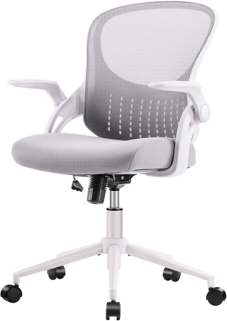 SMUG Office Computer Gaming Desk Chair, Ergonomic Mid-Back Mesh Rolling Work Swivel Chairs with Flip-up Arms, Comfortable Lumbar Support, Comfy Arms for Home, Bedroom, Study, Student, Adults, Grey