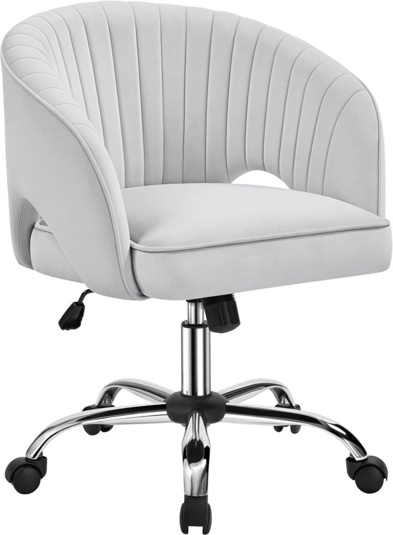 Yaheetech Home Office Chair, Velvet Desk Chair, Upholstered Modern Swivel Chair with Tufted Barrel Back, Rolling Wheels for Office,Study, Vanity,Bedroom Light Gray