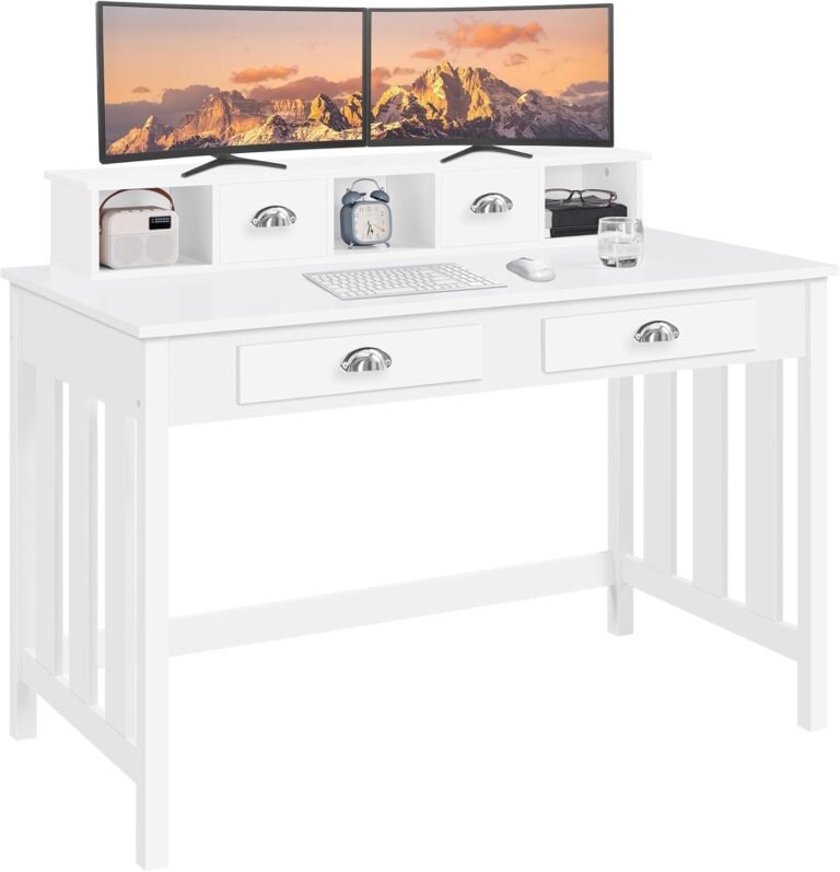 Yaheetech 41.7 Inch White Computer Desk with 4 Drawers and Storage Space, 2 Tiers Home Office Table Workstation with Monitor Stand for Screen, Wooden Writing Gaming Table with Large Laptop
