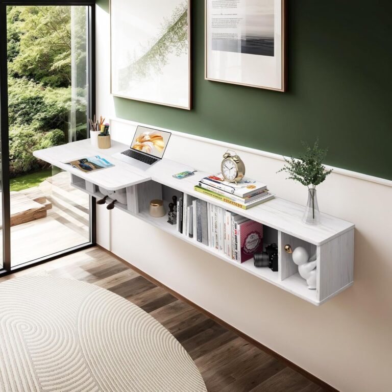 Pmnianhua 63” Floating Desk with Storage Shelves,Wall Mounted Desk Laptop Computer Writing Study Table for Bedroom Small Space(White)