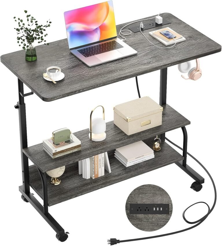 Height Adjustable Standing Desk with Power Outlets, 32″ Manual Stand Up Desk with Storage Shelves Small Mobile Rolling Computer Desk Portable Laptop Table with Wheels for Home Office, Grey Oak