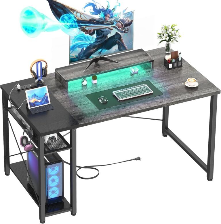 39.4” Gaming Desk with LED, 39 Computer Desk with Outlets, Small Desk for Small Space, Simple Study Student Writing Desk with Monitor Stand, Laptop Table for Home Office, Grey and Black