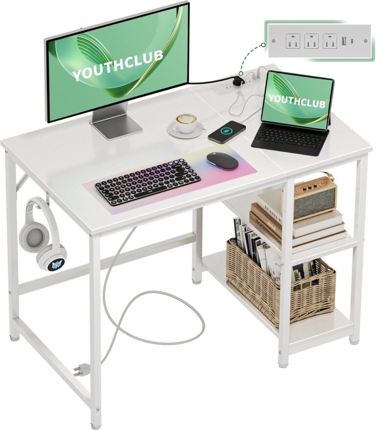 Small Computer Desk, 40 inches Desk with 2 Shelves, Home Office Desk with USB/Type-C Charging Ports & Power Outlets, Study Table for Adults, White