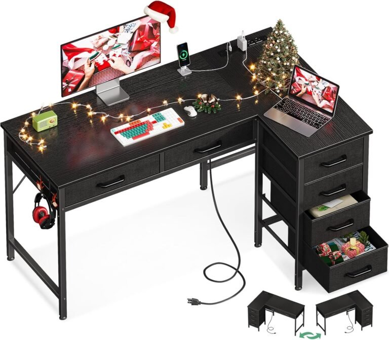 Coleshome 42 Inch L Shaped Desk with Drawers, Computer Desk with Power Outlets, Home Office Desk with 6 Drawers, Reversible Corner Desk for Small Space, Study Work Table with Hook, Black