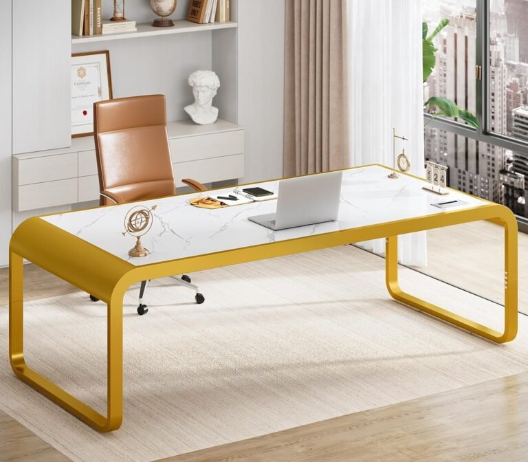 SEDETA Executive Office Desk, Large Computer Desk Workstation, Modern Laptop Desk Study Writing Table with Cable Management for Home Office (White and Gold, 70.8 X 31.5 inch)