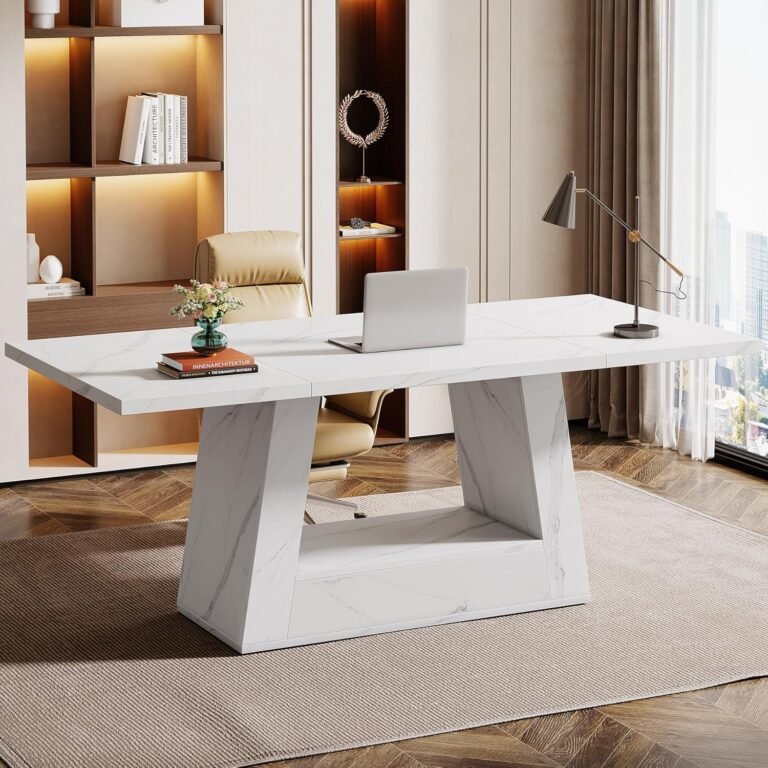 Tribesigns Modern Computer Desk, 63-Inch Large Office Desk Workstation, Simple Style Executive Desk Study Table with Sturdy Base, Wooden Faux Marble Writing Desk for Home Office, White
