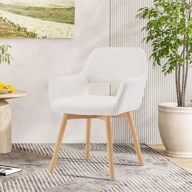 Desk Chair No Wheels Vanity Chair Makeup Chair Comfy Accent Chair for Living Dining Room Bedroom Home Office Mid Century Modern Upholstered Arm Chair Sofa Chair with Wood Legs (Wool White, 1)