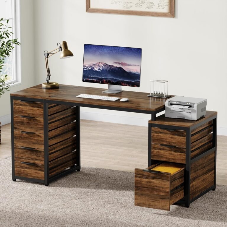 Tribesigns Computer Desk with 8 Drawers, 63″ Office Desk with Reversible File Cabinet and Storage Drawers, Industrial PC Desk Study Writing Table Workstation for Home Office, Rustic Brown