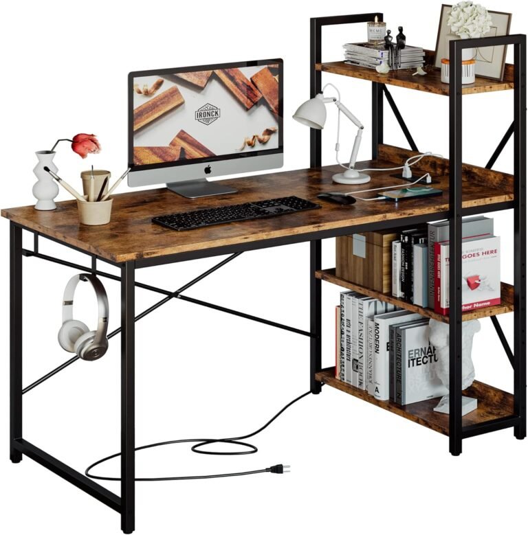 IRONCK Computer Desk 47″ with Power Outlet and Storage Shelves, Study Writing Table with USB Ports Charging Station, PC Desk Workstation for Home Office, Rustic Brown