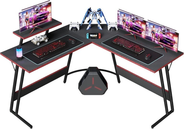 Shahoo L Shaped Gaming Desk, 51 Inch Computer Corner Table with Large Monitor Stand & Carbon Fiber Surface for Home Office Study Writing Workstation, Black, Black1