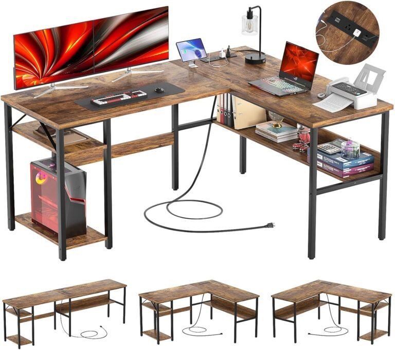Reversible L Shaped Computer Desks with Power Outlets and USB Charging Ports, Sturdy Corner Desk with Storage Shelf, Modern Work Gaming Table for Home Office, Easy to Assemble, Rustic Brown