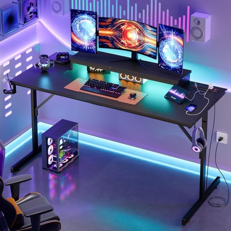 Bestier 52 inch Gaming Desk with Power Outlets and USB Charging Ports, Sturdy Computer Desk with LED Lights and Monitor Stand, Computer Table for Home Office, Easy to Assemble, Carbon Fiber Black