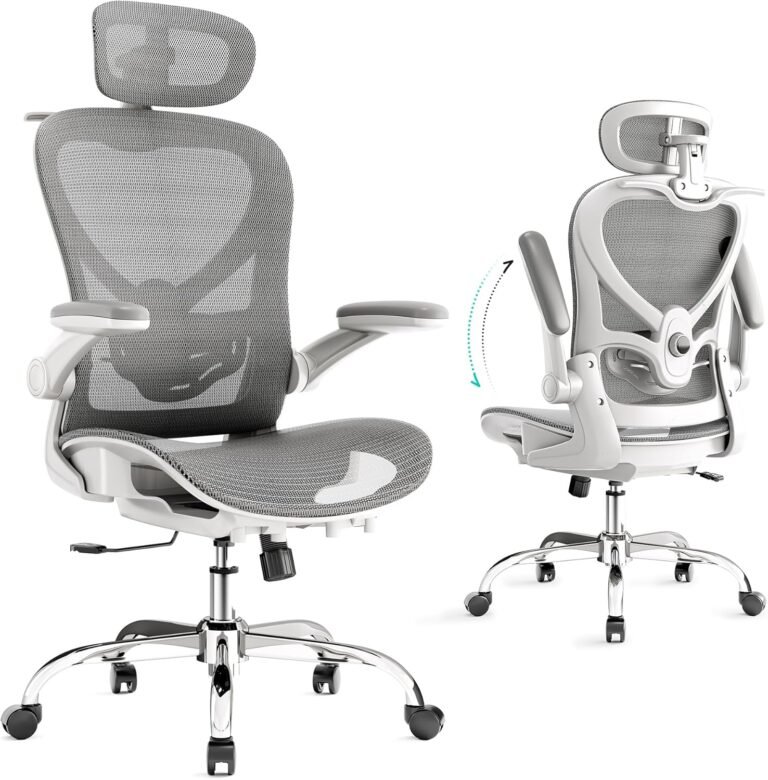 Ergonomic Office Chair with 3D Headrest, Desk Chair with Coat Hanger, Executive Chair with 2D Lumbar Support & Flip Up Arms, Mesh Cushion & Backrest for Office, Study & Meeting,Grey