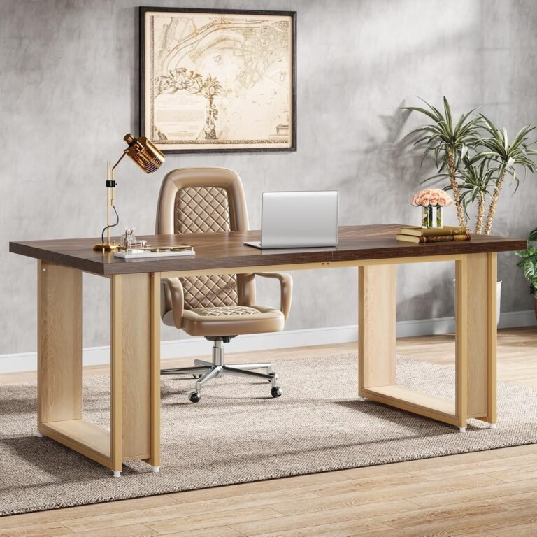 Tribesigns 63 inch Wood Home Office Desk for Study Room, Wooden Simple Office Desk Large Computer Desks Rustic Brown Writing Table Business Workstation with Sled Base Sturdy Metal Frame for Bedroom