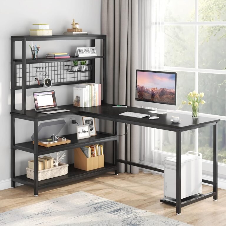 Tribesigns 55″ Large Computer Desk with Wireless Charging 5 Storage Shelves, Office Desk Study Table Writing Desk Workstation with Hutch Bookshelf for Home Office (All Black)