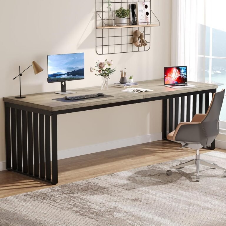 Tribesigns 78.74″ Extra Long Computer Desk 2 Person Desk, Double Long Desk with Heavy Duty Metal Frame, Double Workstation Study Desk for Home Office, Brown (Without Chair) (Gray & Black)