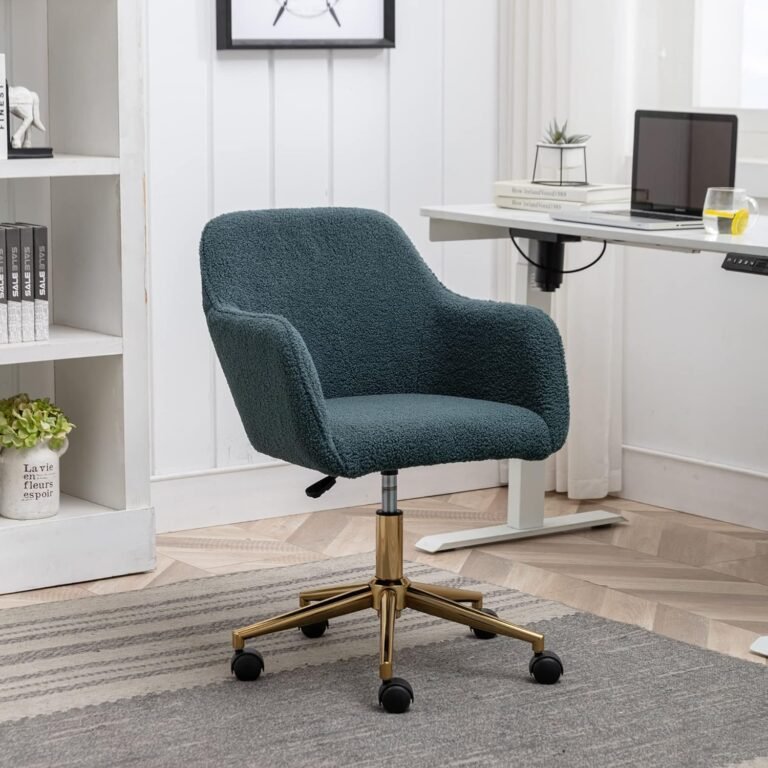 Pvillez Home Office Desk Chair, Upholstered Rolling Chair with Faux Wool Fabric, Adjustable Height 360 Revolving Home Office Chair with Gold Metal Legs, Swivel Chair Computer Chair Study Chair