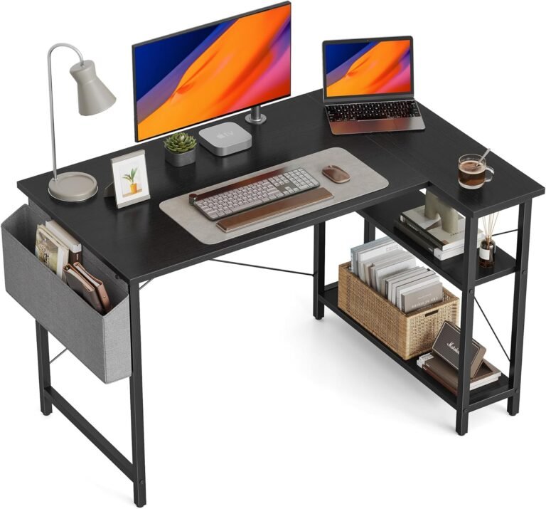BANTI L Shaped Small Computer Desk with Storage Shelves, 47″ Home Office Small Corner Desk Study Writing Table, Black