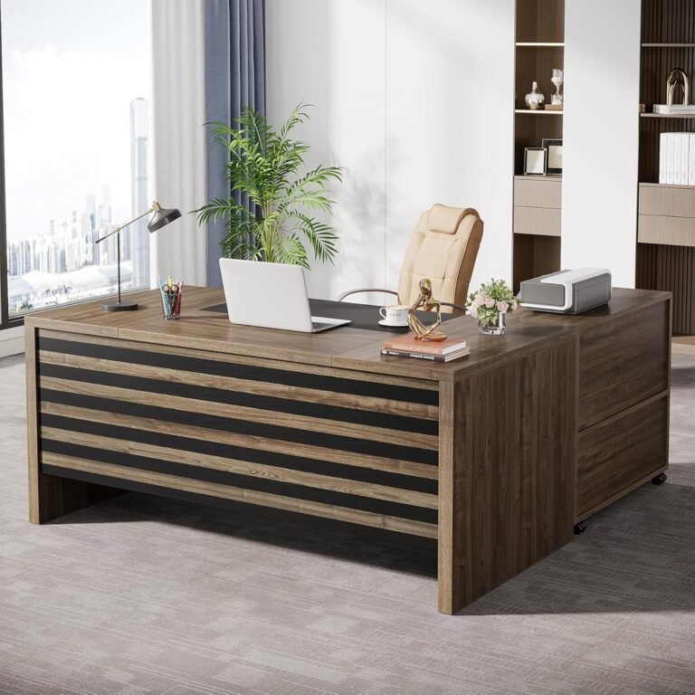 Tribesigns 62.2″ Executive Desk with Mobile File Cabinet, L-Shaped Office Desk with Storage Shelves, Large Computer Desk Business Workstation Set for Home Office, Light Brown