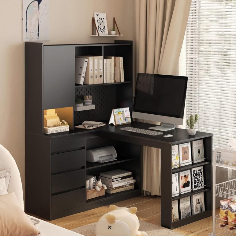 Home Office Corner Desk with Hutch, L Shaped Desk with Drawers and Bookshelf, Modern Study Table Writing Desk with LED Light, Gaming Computer Desk with Storage, Black