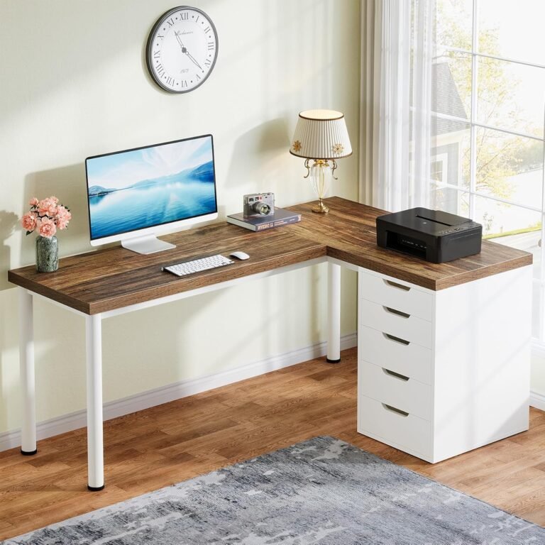 Tribesigns L-Shaped Computer Desk with 5 Drawers, 55 Inches Corner Desk Office Desk, Modern L-Shaped PC Laptop Study Writing Table Workstation for Home Office, White and Brown
