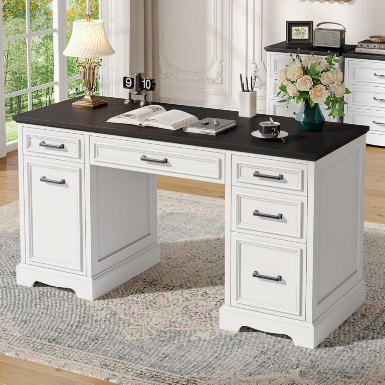 White Farmhouse Executive Desk with Drawers, 55.1″ Wood Home Office Desk with Storage Cabinet, Morden Solid Computer Writing Desk for Study Work Table for Home Office Bedroom (White)