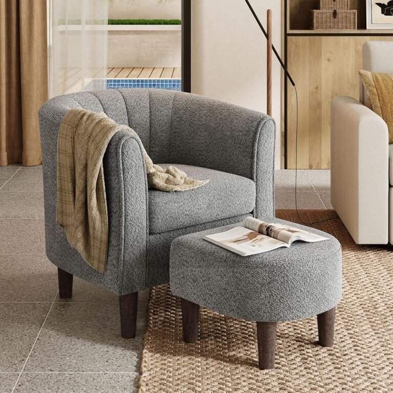 LINSY Accent Chair Ottoman Set: Chenille Barrel Chair with Foot Rest, Mid-Century Modern Small Reading Chair Upholstered Armchair with Footrest for Living Room Bedroom Study Room Office (Dark Grey)