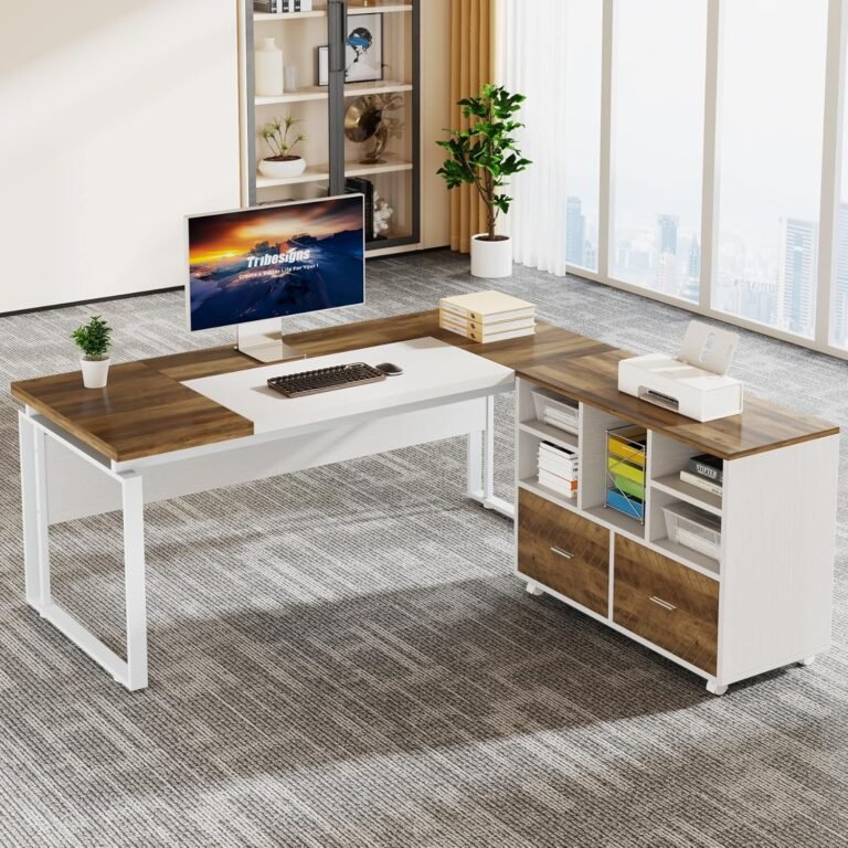 Tribesigns L-Shaped Executive Desk with Reversible File Cabinet, 63″ Office Desk with Storage Drawers, Computer Desk Set (Oak Karo & White)