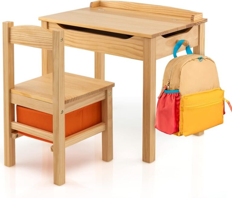 Costzon Kids Table and Chair Set, Flip Top Toddler Study Desk w/Chair for Playroom & Nursery, Wood Activity Table Set w/Storage Space, Safety Hinge, Pull-Out Drawer & Hook for Arts, Crafts (Natural)