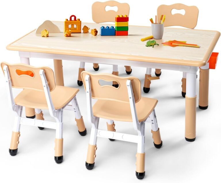 JOYMOR Height-Adjustable Kids Table and 4 Chairs Set, Toddler Table and Chair Set for Kids 2-8 Suitable for Crafts and Study, 2 Pen Boxes, Graffiti Tabletop, Anti-Slip Chair Legs (Beige)