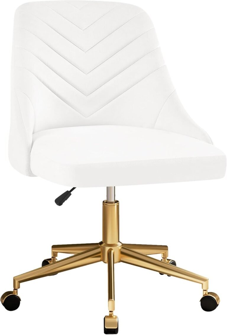 VECELO Velvet Vanity Desk Chair with Height-Adjustable for Office Living Room Bedroom Make Up Study, 360°Swivel, Wheeled Gold Base, White