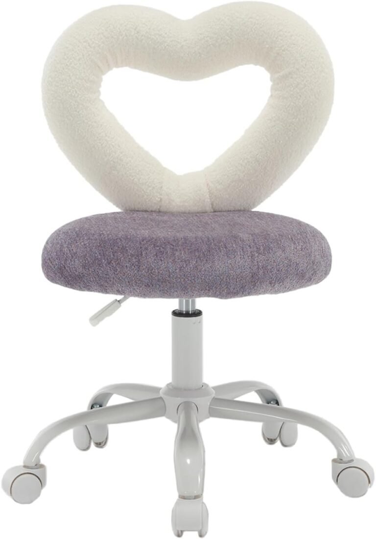 Guyou Kids Desk Chair with Wheels, Cute Furry Girls Desk Chair with Open Heart Backrest, Adjustable Computer Study Chair Swivel Rolling Faux Fur Children Chair for Bedroom, Purple