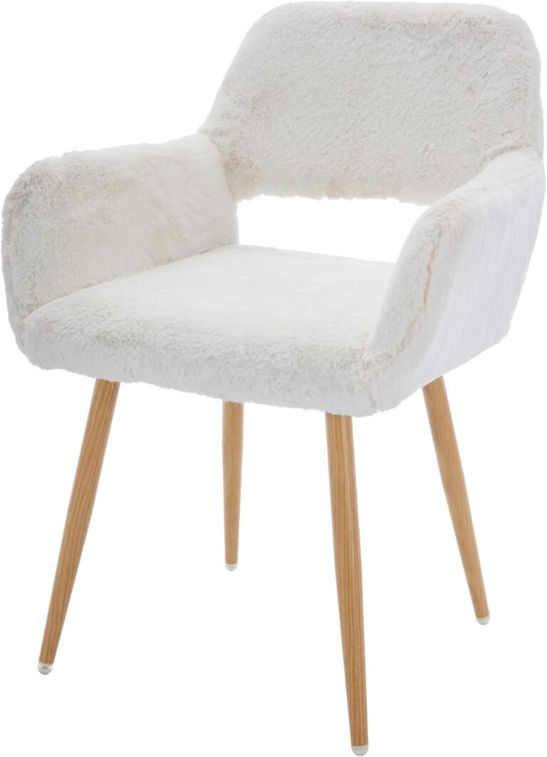 Home Office Faux Fur Dining Chair, Fluffy Makeup Vanity Chair, Comfy Accent Armchair with Wood Grain Metal Legs, Cute Desk Chair with Hollowed Back, White