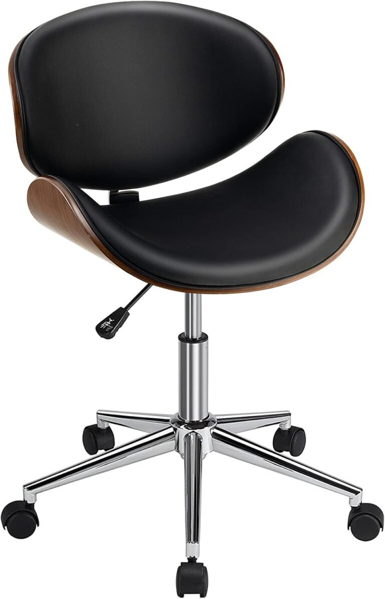 Giantex Mid-Century Home Desk Chair, Faux Leather Armless Office Chair w/Curved Bentwood Seat & Height Adjustable,Ergonomic Modern Rolling Swivel Computer Chair Study Room Office Bedroom,Black