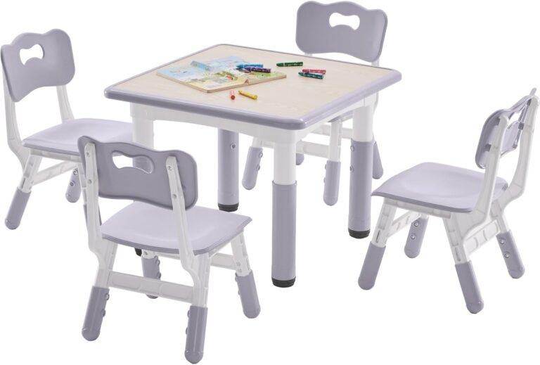 Kids Table and 4 Chairs Set, Height-Adjustable Toddler Table and Chairs Set with Graffiti Desktop, 23.6”L x 23.6”W Children Activity Table for Daycare, Classroom, Home