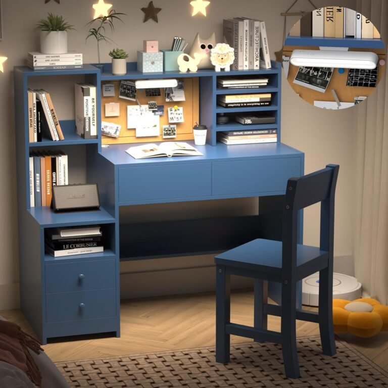 Kids Study Desk with 3-Color Lights,Blue Kids Desk and Chair Set for 5-12 Year Old, Childrens Computer Desk with 4 Drawers, Kids Study Table with Storage Shelf-3c40