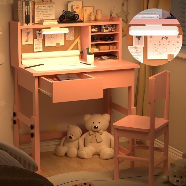 Ergonomic Height Adjustable Childrens Study Desk with 2 Drawers, Kids Study Kids Art Table with Storage,Desk with 3-Color Lights, Pink Kids Desk and Chair Set for 5-18 Year Old-N3ofV0