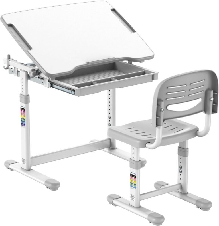 Mount-It! Kids Desk and Chair Set Height Adjustable up to 30″ Ergonomic Kids Desk School, Kids Table and Chairs for Student 26″ x 18″ Tabletop with Pencil Drawer, 3-10 Age Children, Grey