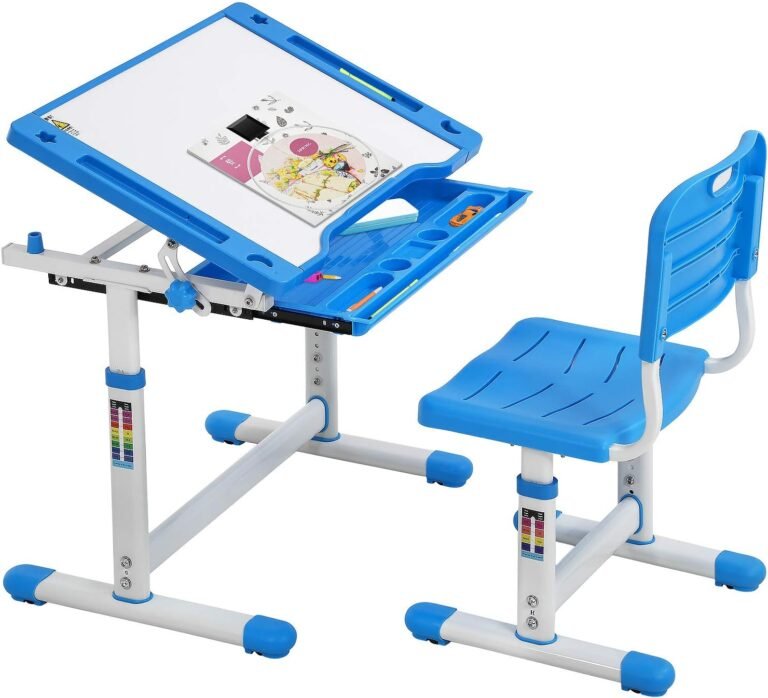 FDW Kids Desk and Chair Set, Height Adjustable Multifunctional Student Study Desk Kids Art Table Children’s Chair Set with Storage Drawer 45°Tilted Desktop for Boys&Girls,Blue
