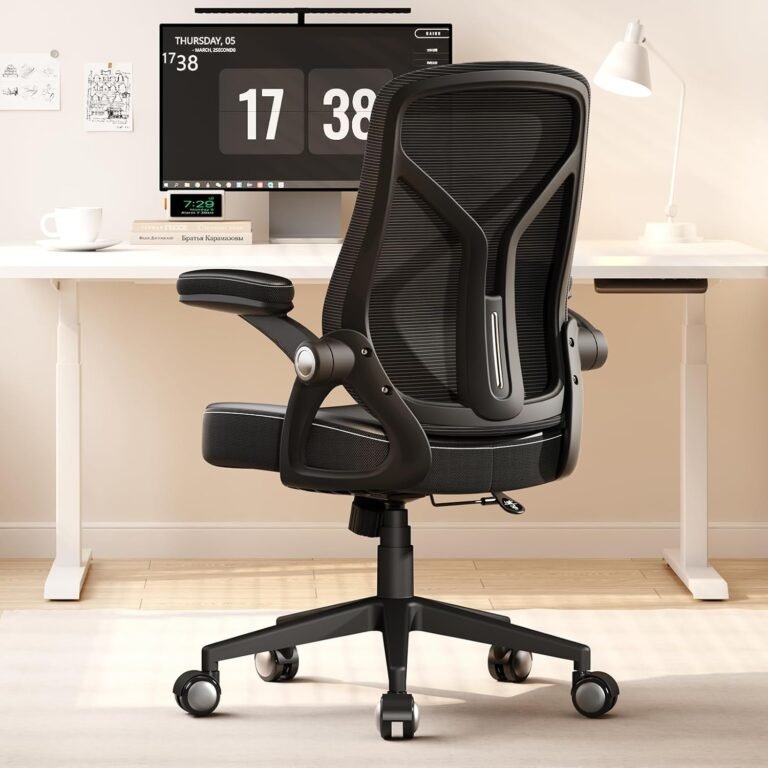 Ergonomic Office Desk Chair, PU Leather Home Office Desk Chair, Mesh Mid-Back Computer Chair, Flip-up Armrests Executive Task Chair (Black)