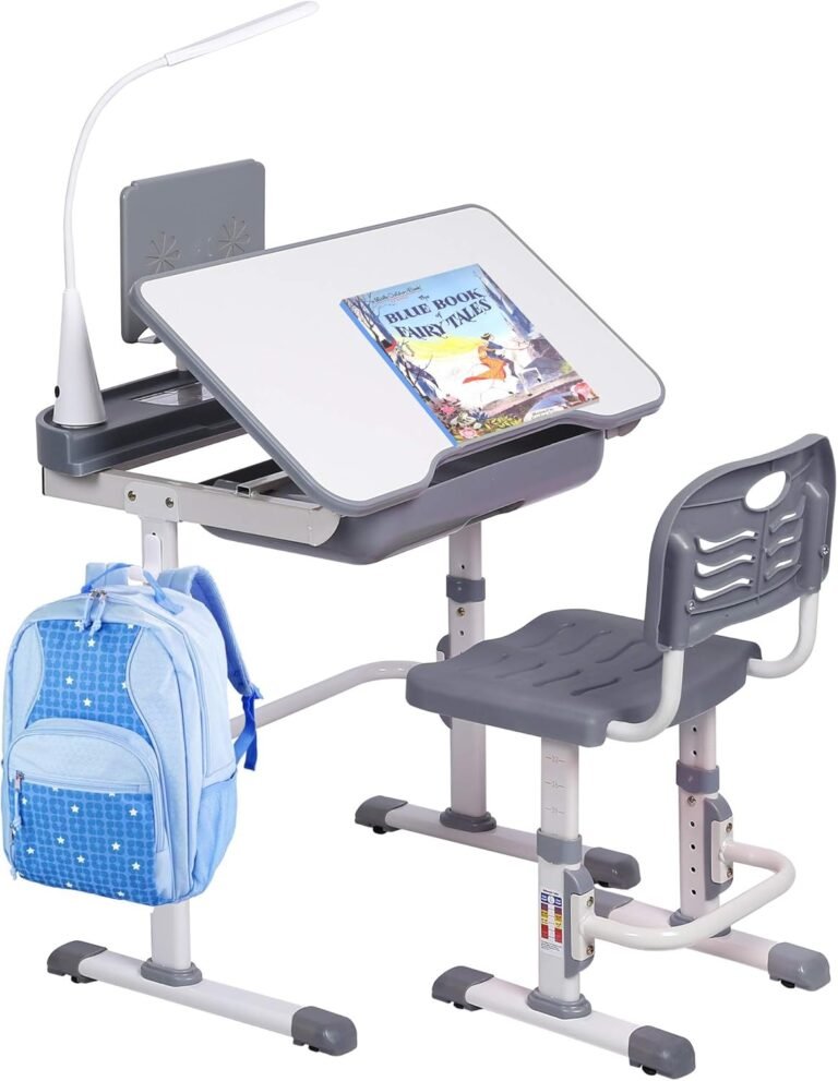 Kids’ Desk and Chair Set, Height Adjustable Child’s School Study Writing Tables with Tilt Desktop, LED Light, Storage Drawer, Book Stand(Grey)