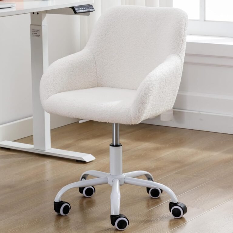 LukeAlon Kids Adjustable Desk Chair, Sherpa Study Chair with Swivel Base Cute Reading Chair Comfy Upholstered Computer Chair with Arms for Girls Children, White