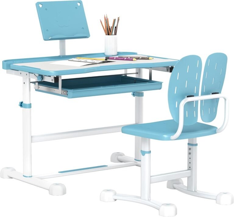 Qaba Kids Desk and Chair Set, Height Adjustable Kids School Study Desk and Chair Set with Tilt Desktop, Storage Drawer & Book Stand for Writing, Reading and Drawing, Blue