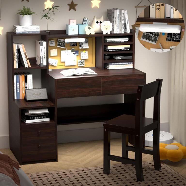 Kids Study Desk with 3-Color Lights,Espresso Kids Desk and Chair Set for 5-12 Year Old, Childrens Computer Desk with 4 Drawers, Kids Study Table with Storage Shelf-Wz40