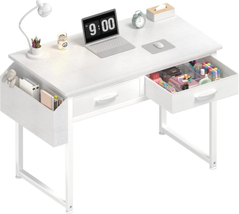 DLisiting White Small Desk with Fabric Drawers – 32 Inch Vanity Desk with Storage Drawer and Bag for Bedroom, Study Writing Table for Small Spaces, White