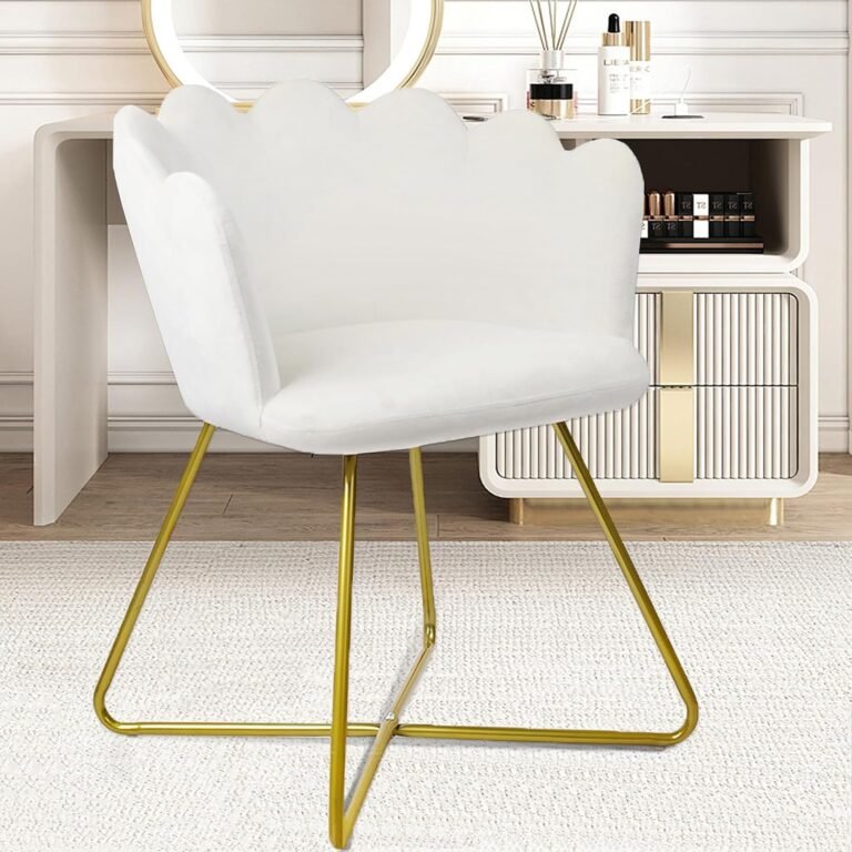 CLATINA Velvet Living Room Chair, Vanity Chair with Back, Shell Accent Chair, Makeup Chair Desk Chair No Wheels with Golden Metal Legs for Living Room Bedroom Dressing Room Study Home, White