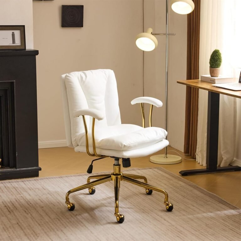 VINGLI Home Office Desk Chair Comfy with Wheels & Removable Armrests,Gold Base Vanity Chair with Back, Adjustable Rolling Swivel Computer Task Chair for Study,Makeup,Office,Bedroom,PU Leather,White