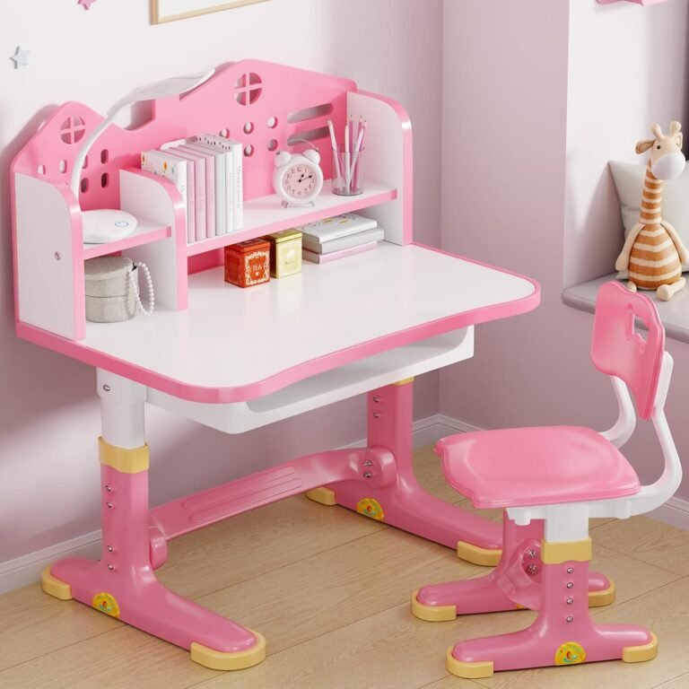 Kids Desk and Chair Set, Height Adjustable Child’s School Study Writing Tables, Kids Desk with Bookstand and Storage Drawer, Widened Desktop with Desktop for Boys and Girls