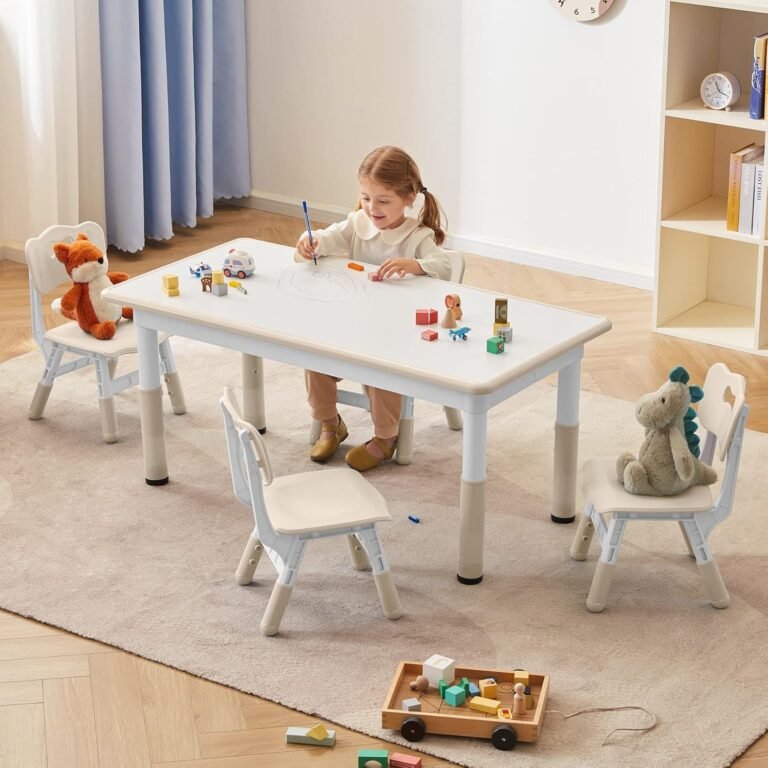 Toddler Table and Chairs Set for 4, 47.2”L x 23.6”W Kids Study Table and Chair Set, Height-Adjustable, Graffiti Desktop, Children Activity Table for Daycare, Classroom, Home